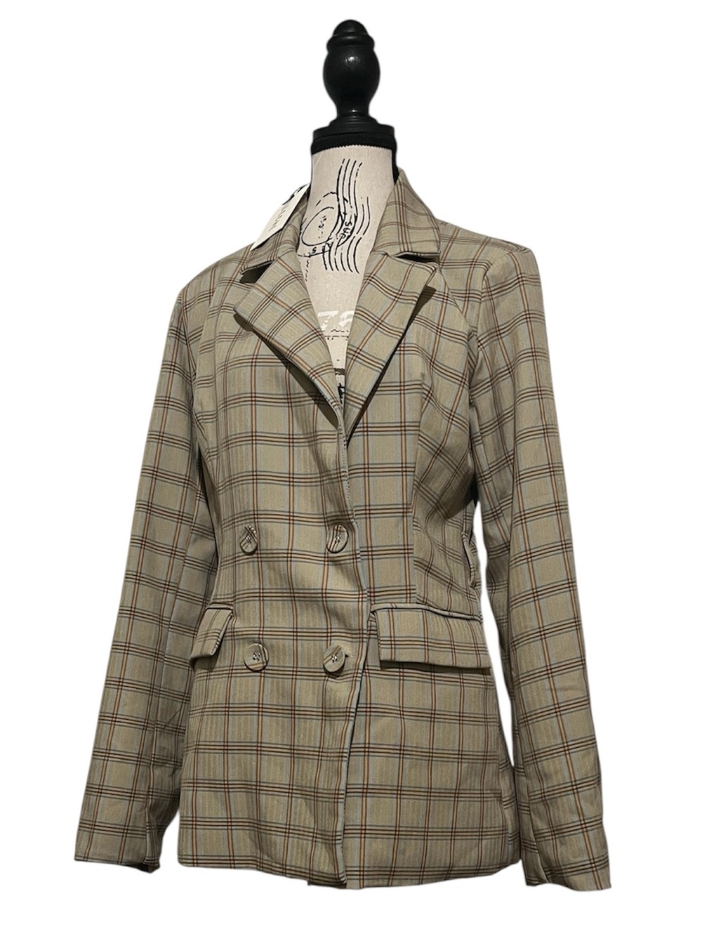 LECHE Women's Med Plaid Blazer Tan Beige Check Double Breasted Suit Jacket